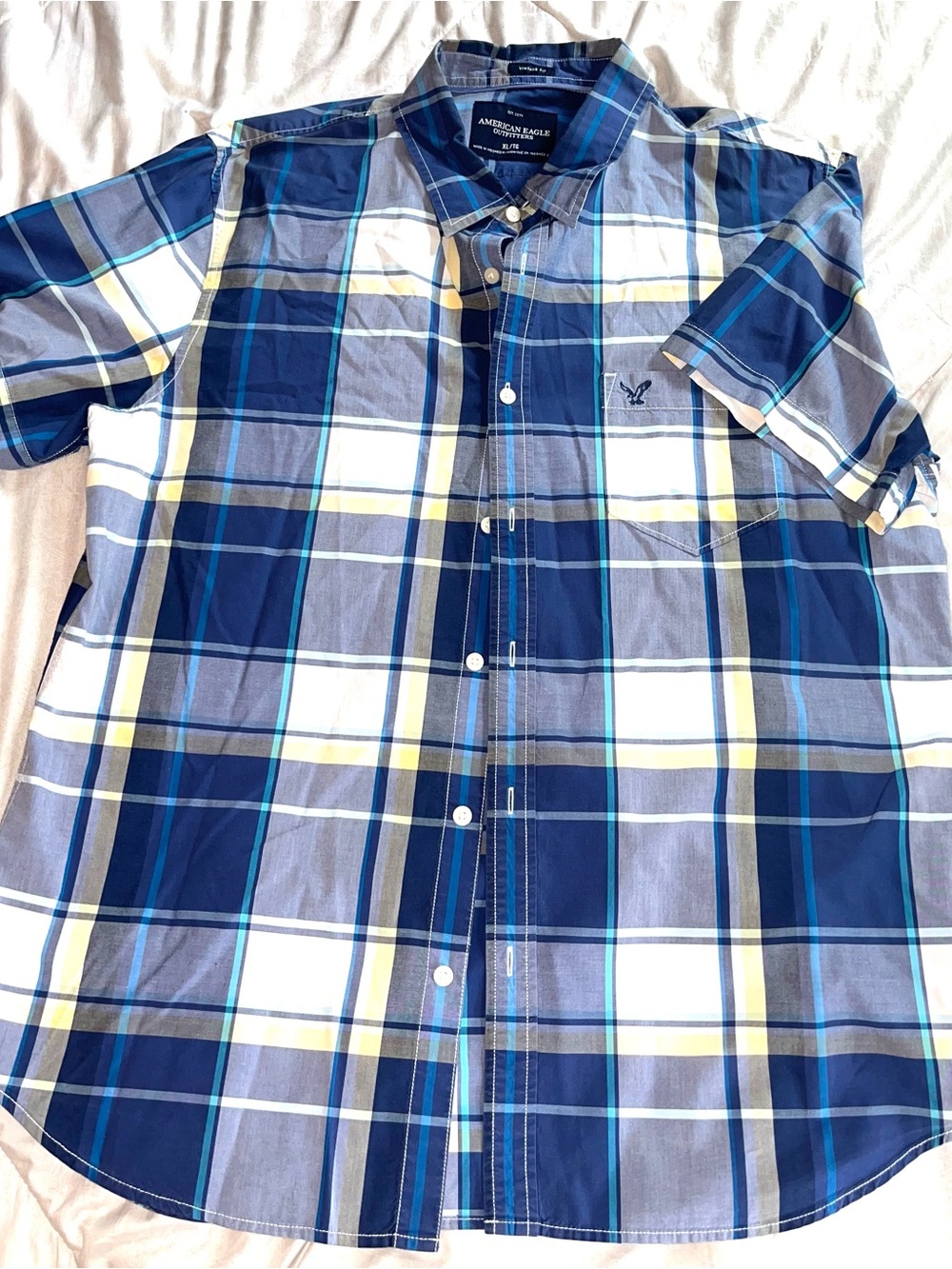 American Eagle Outfitters Men’s Blue Plaid Short-Sleeve Button-Up Shirt